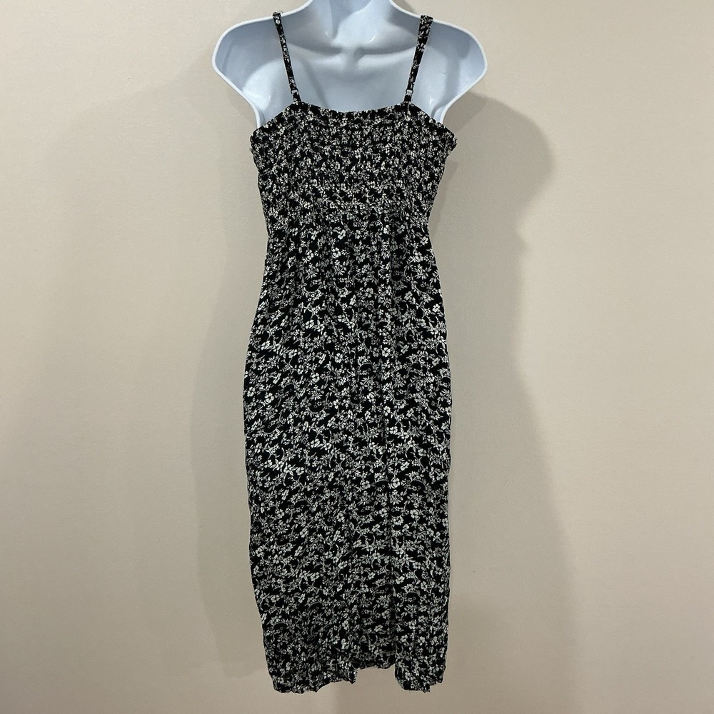 Floral Midi Dress Black White Smocked Cottagecore Boho Sundress Size M